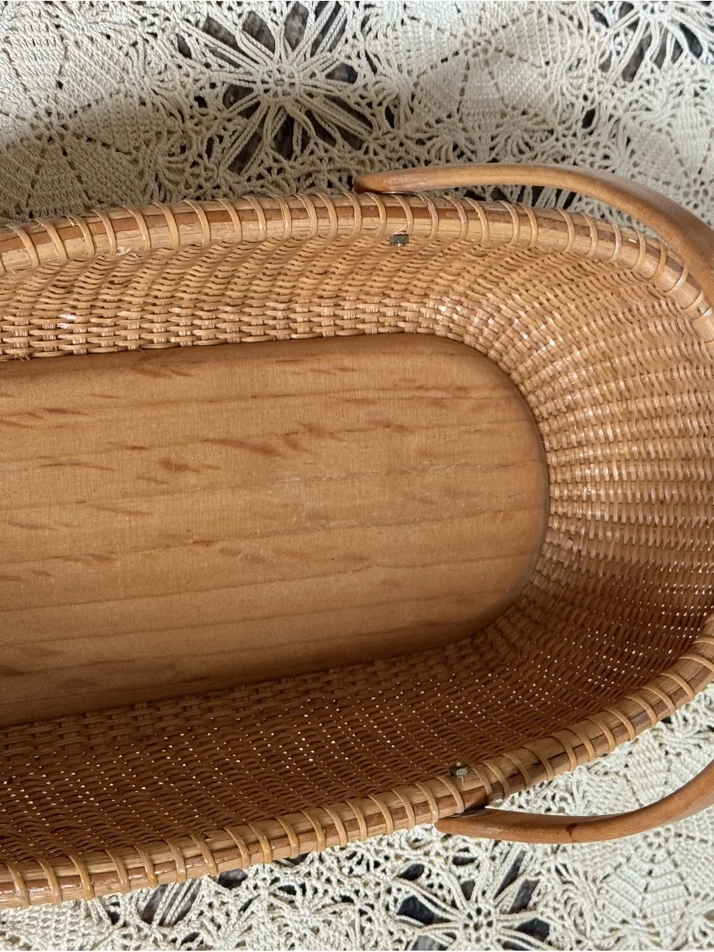 Vintage Woven Basket with Quilted Fabric Liner & Wood Handle Cottage Decor